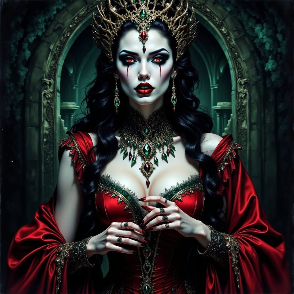 Vampire Queen in Medieval Costume, Watercolor Acrylic