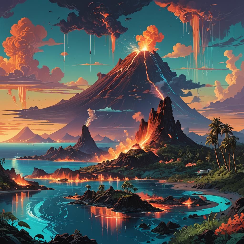 An erupting volcano on a tropical island