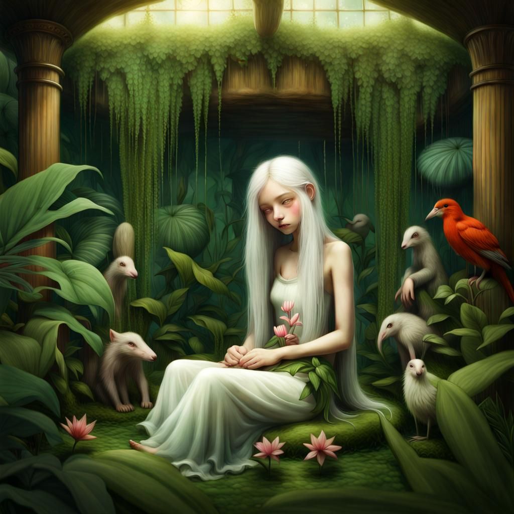 Emotional Jungle Room Scene with Weeping Woman