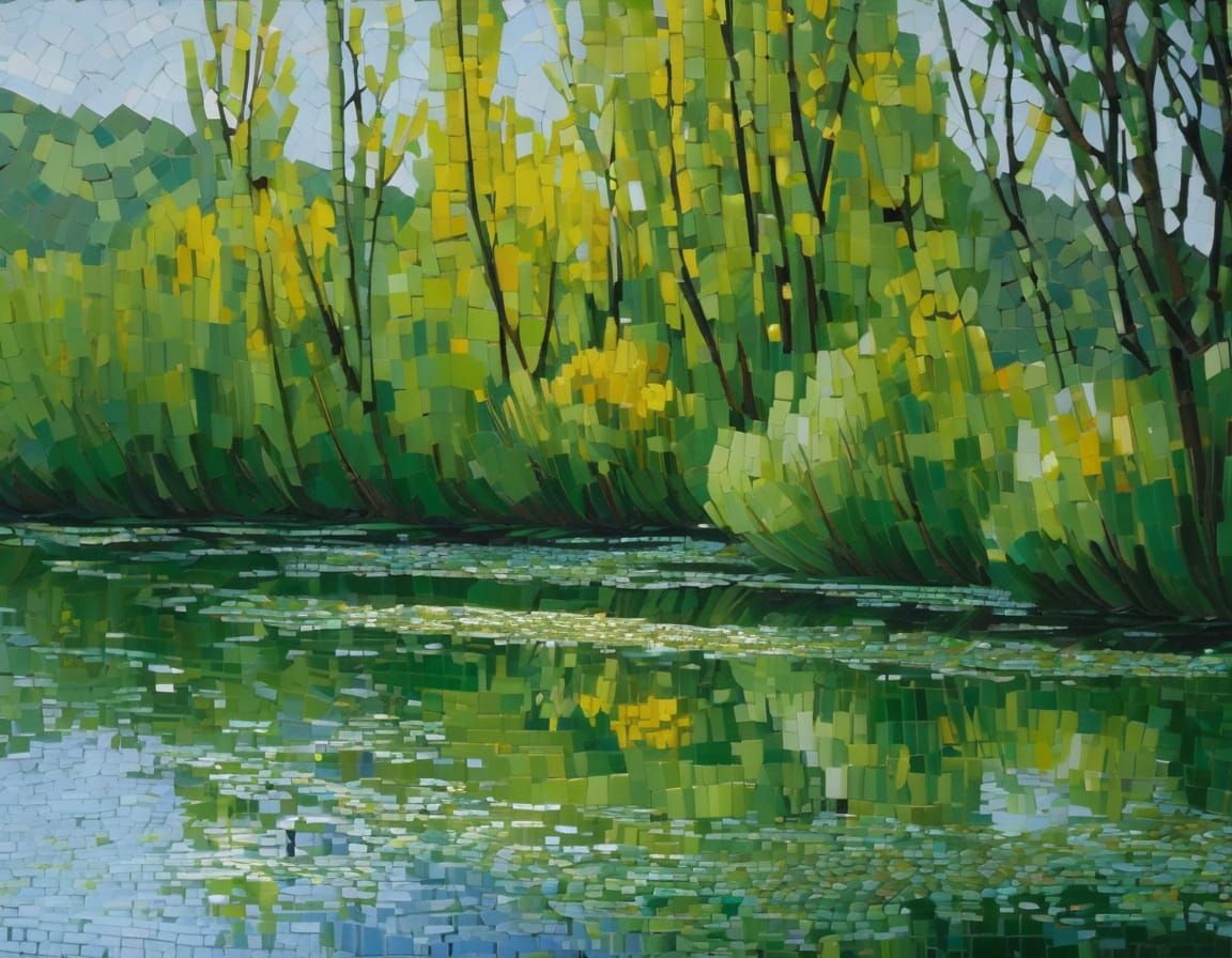 Spring Willow by River in Mosaic Style