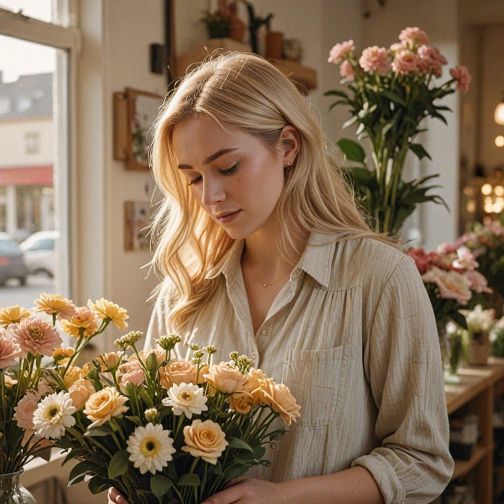 Photorealistic Woman Arranging Flowers in Golden Hour Light
