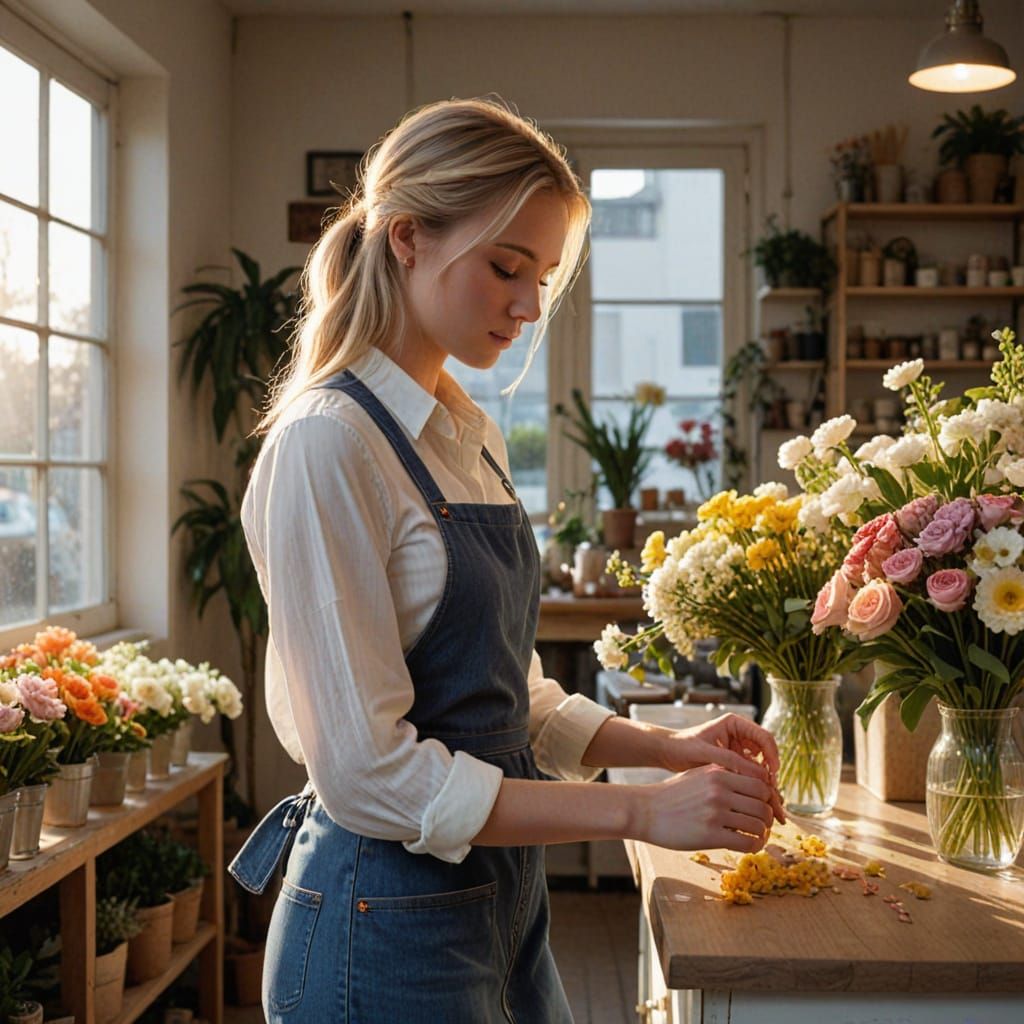 Woman Arranging Flowers in Shop During Golden Hour