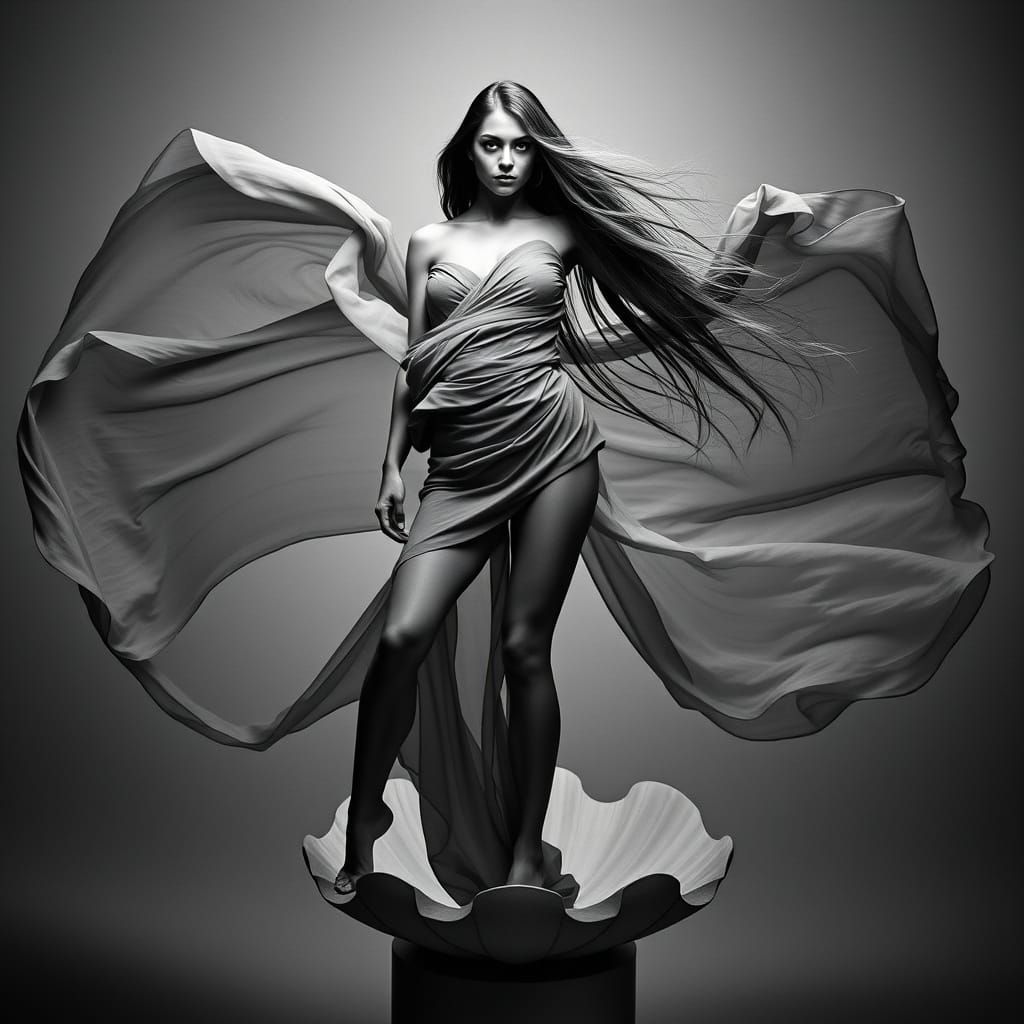 Elegant Woman in Flowing Fabric: Black and White Photography