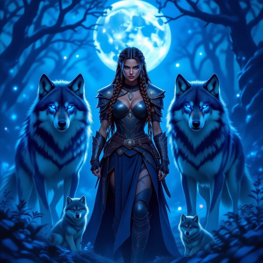 Female Warrior Guarded by Glowing Dire Wolves in Mystical Fo...