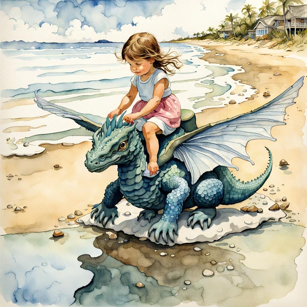Toddler Girl Rides Dragon: Watercolor Illustration