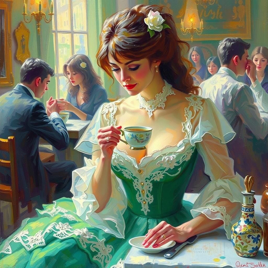 Impressionist painting, stunning woman, green and white dres...