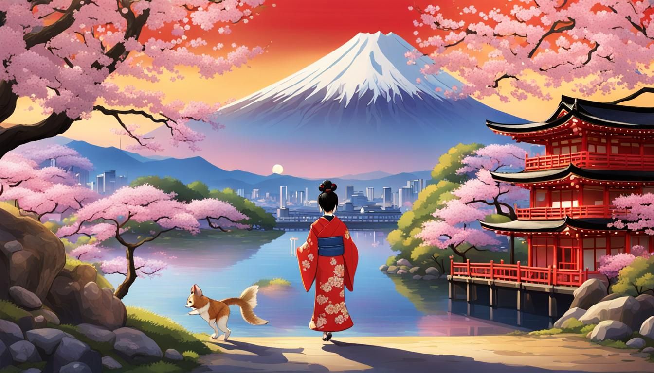 Vibrant Japanese Cultural Scene with Geisha and Samurai