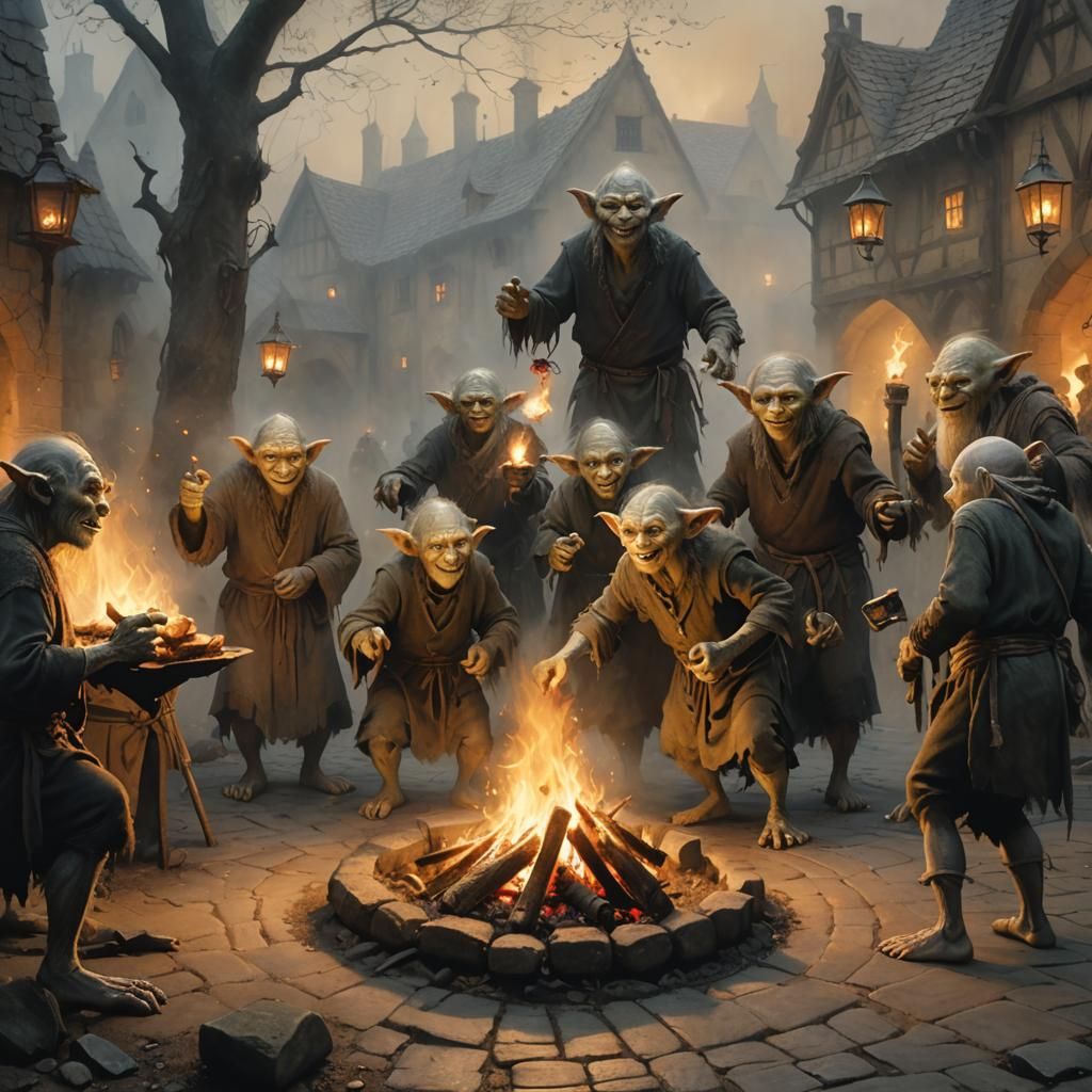 Trolls and Gollum Feast in Medieval Courtyard