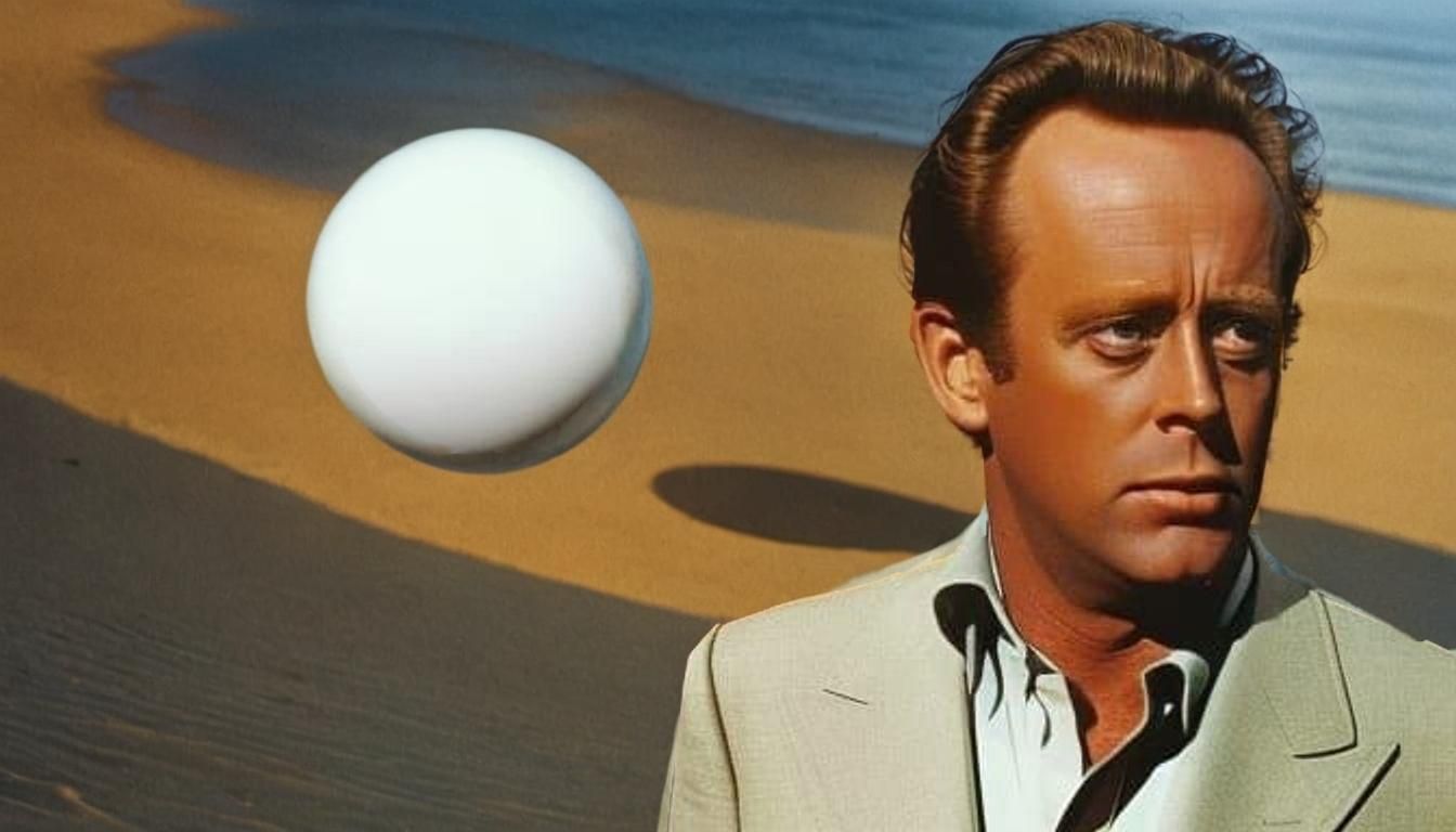 Patrick McGoohan and the Rover balloon at the Portmeirion be...