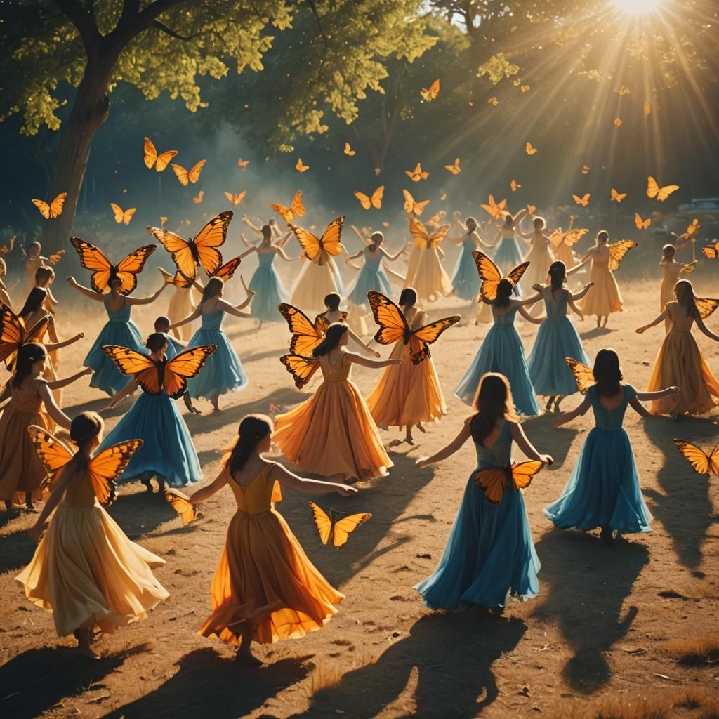 Butterfly Dancers Ascend into Sunlight: Cinematic Still