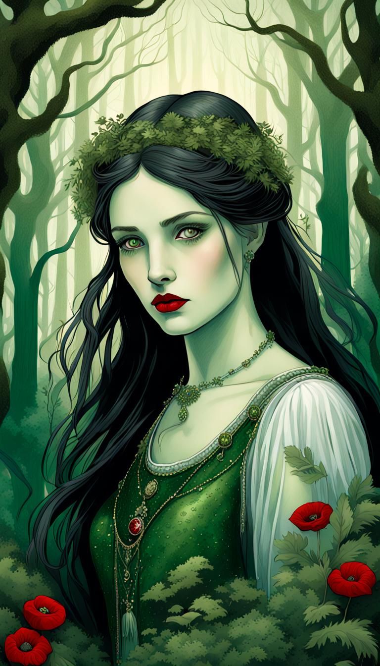 Ethereal Woman with Green Eyes in Dark Fantasy Forest