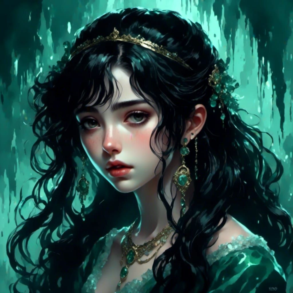 Emotional Portrait of a Crying Woman with Black Hair