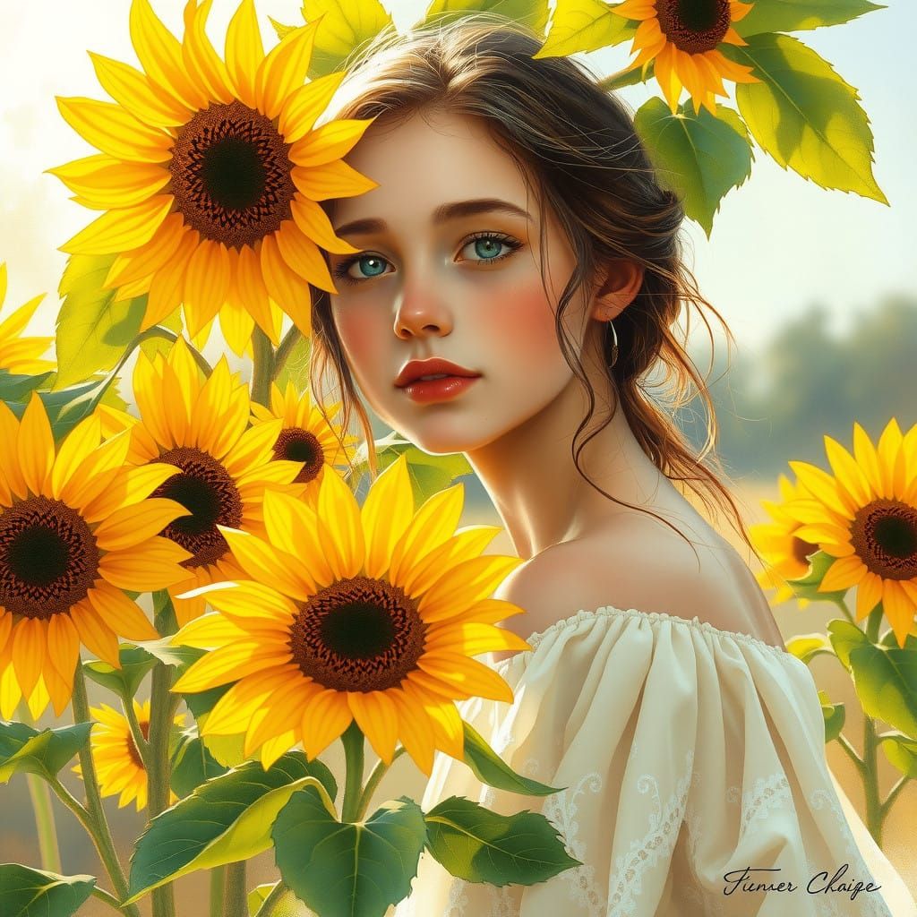 Young Woman Surrounded by Vibrant Sunflowers in a Dreamy Lan...