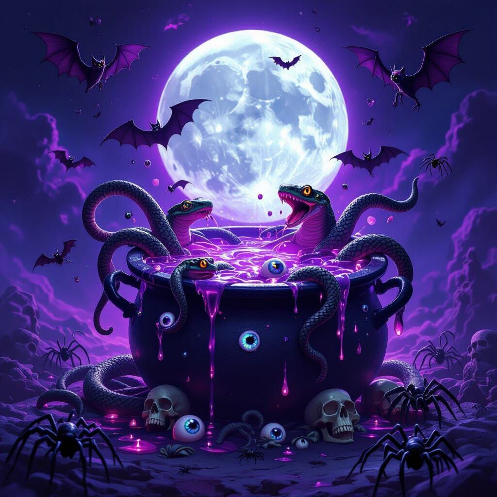 Eerie Witch's Cauldron Under Silver Moon