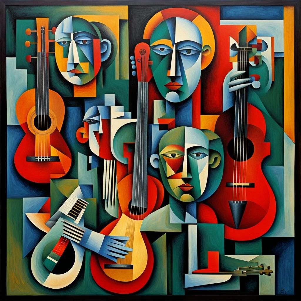 Cubist Composition: Fragmented Faces and Instruments