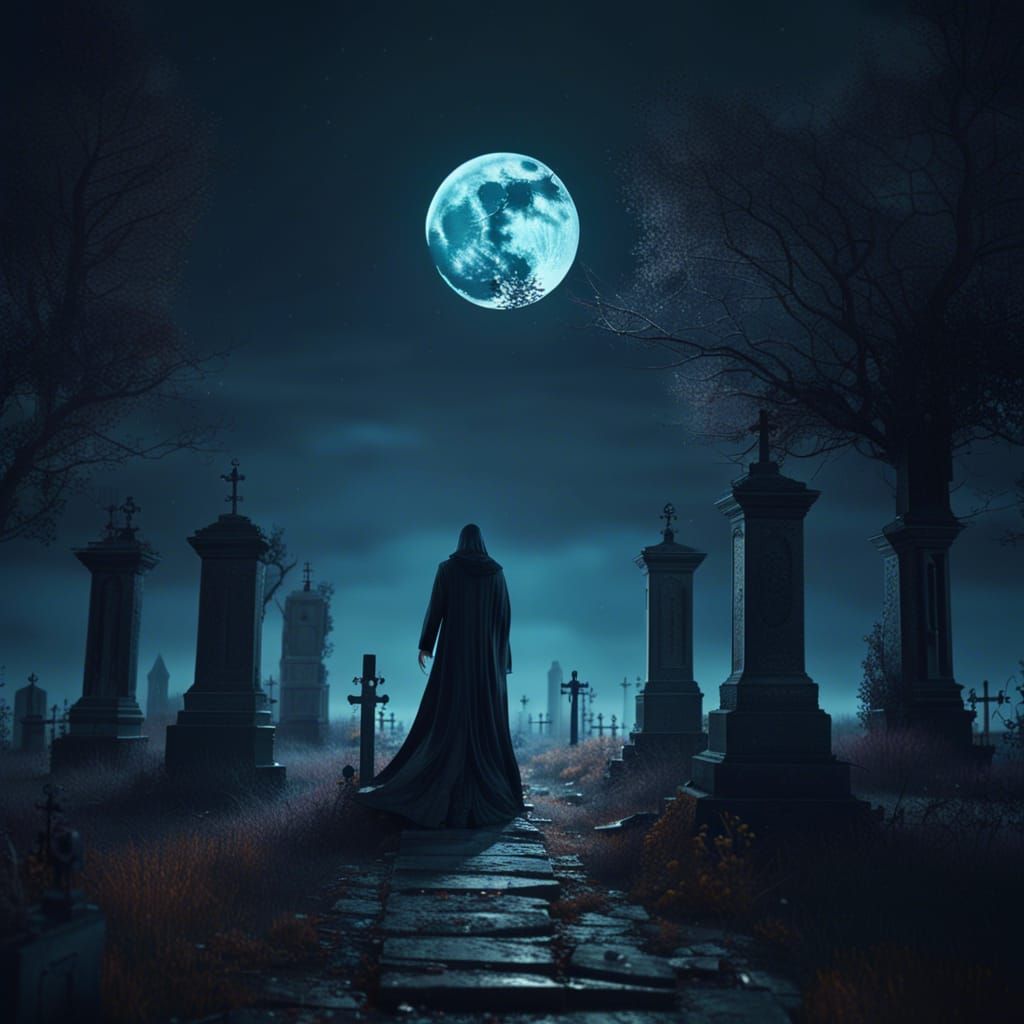 Gothic Ghost in Moonlit Cemetery: Noir Style