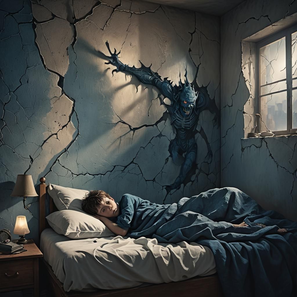 Terrified Child and Monster in Dark Fantasy Style