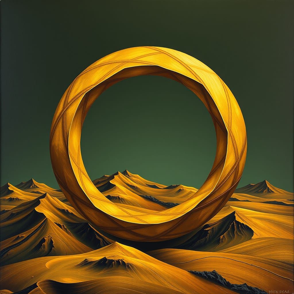 Surreal Figure-Eight Landscape in Golden Oil Paint Style