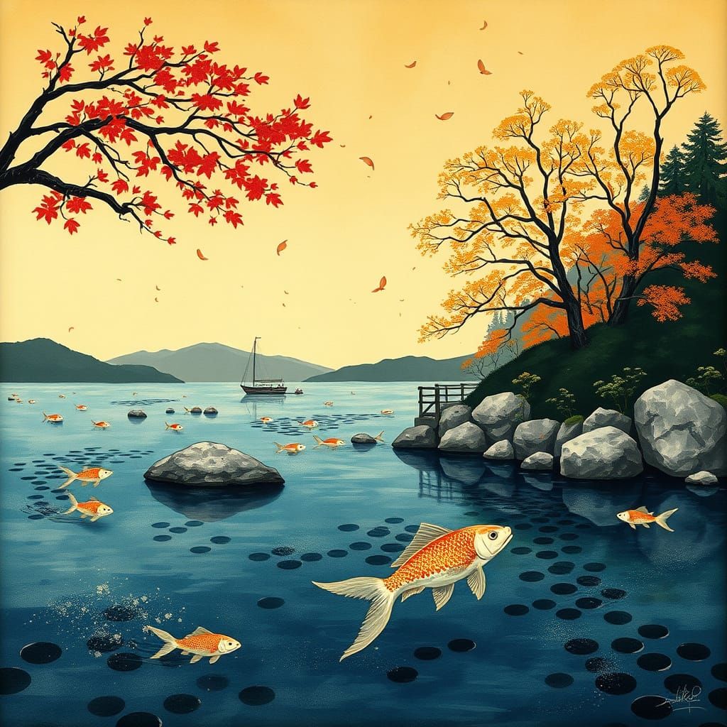 Autumnal River Equinox in Suminagashi Style