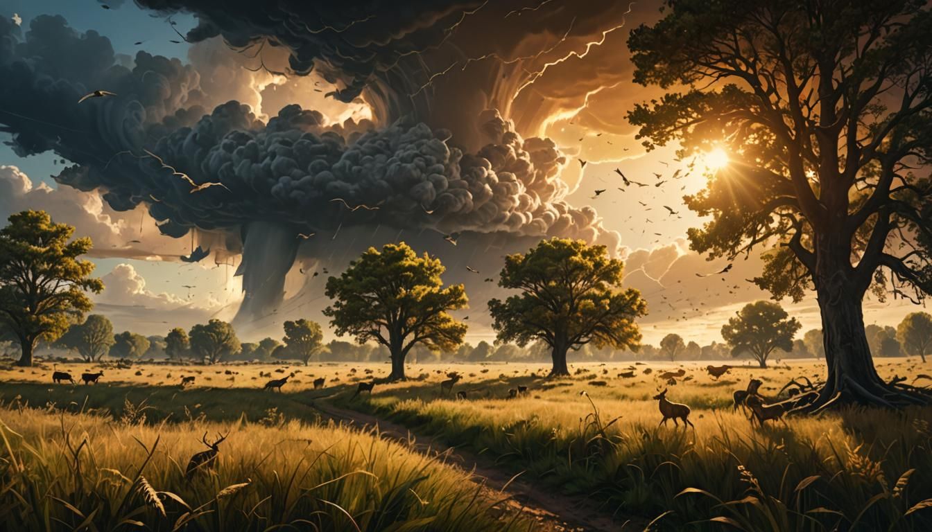 Tornado Approaches Meadow in Hyper-Realistic Digital Art