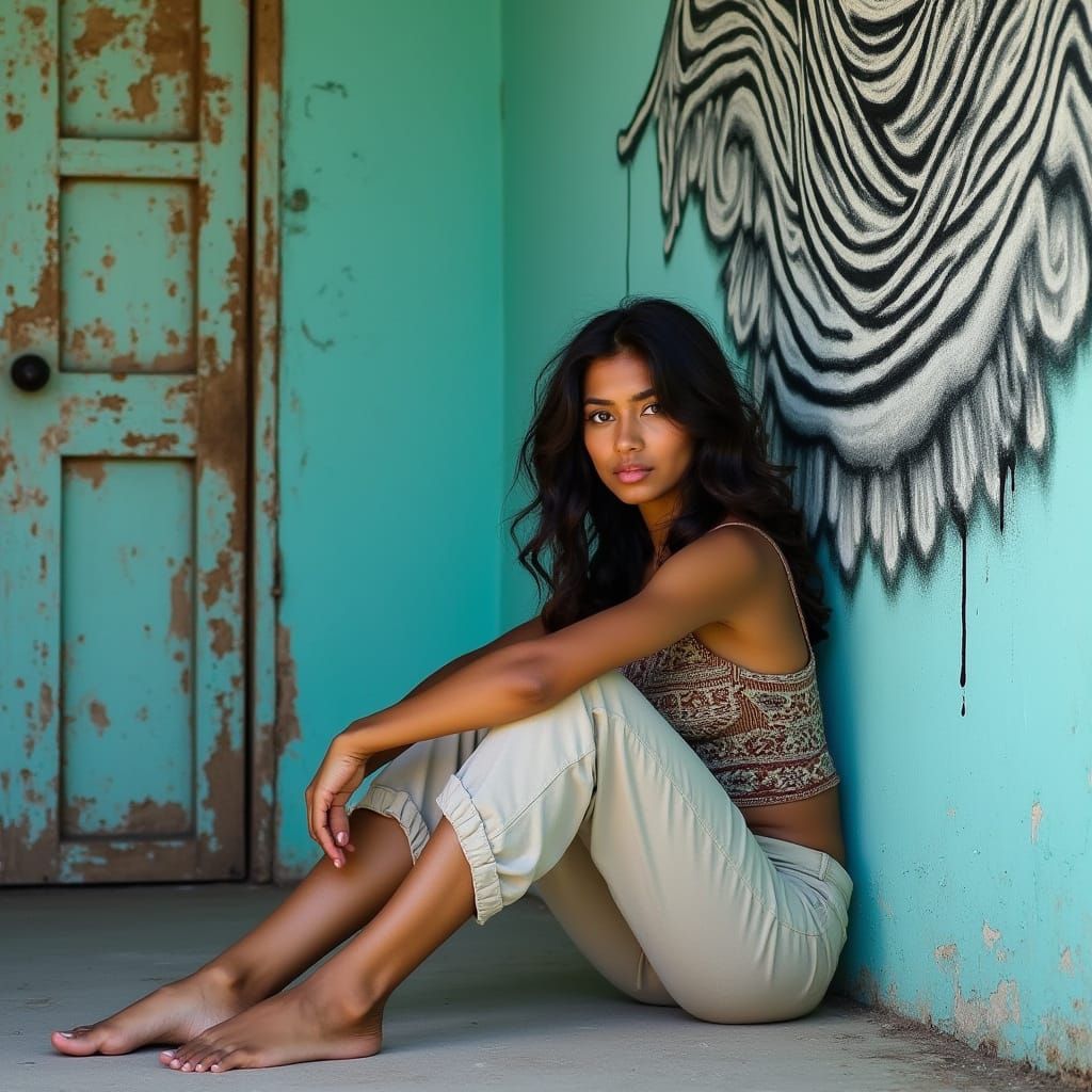 Stylized Portrait with Abstract Mural on Turquoise Wall