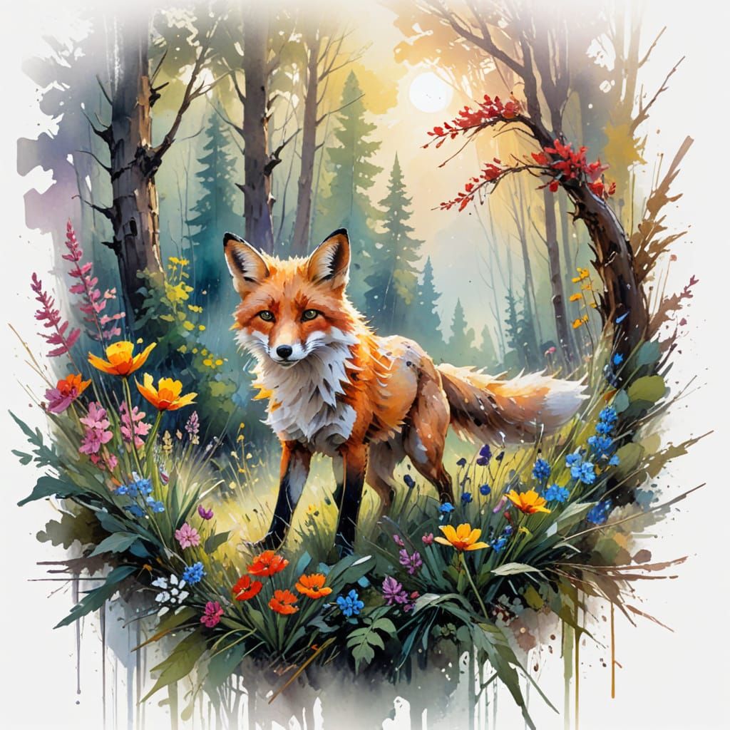 Fox on Sunlit Path: Neo-Impressionist Woodland Scene