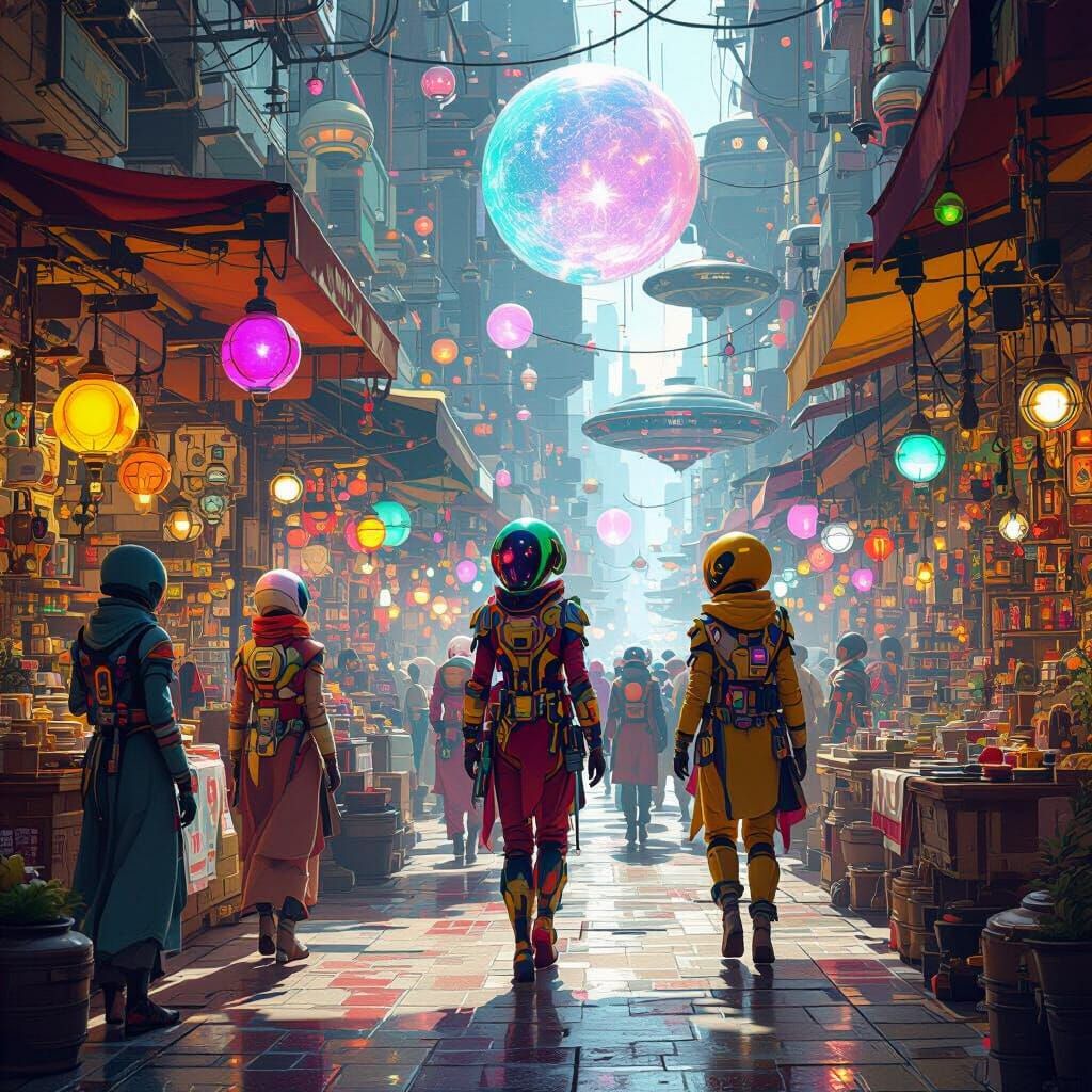 Zero-Gravity Bazaar with Aliens in Futuristic Vista