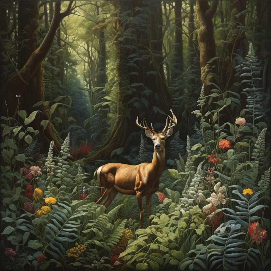 Deer in Sunlit Forest Glade, Surreal Style