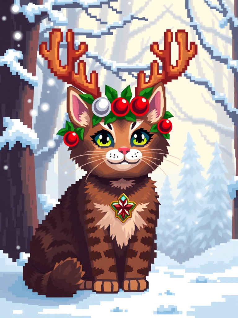Christmas Cat in Snowy Forest: 8-bit Pixel Art