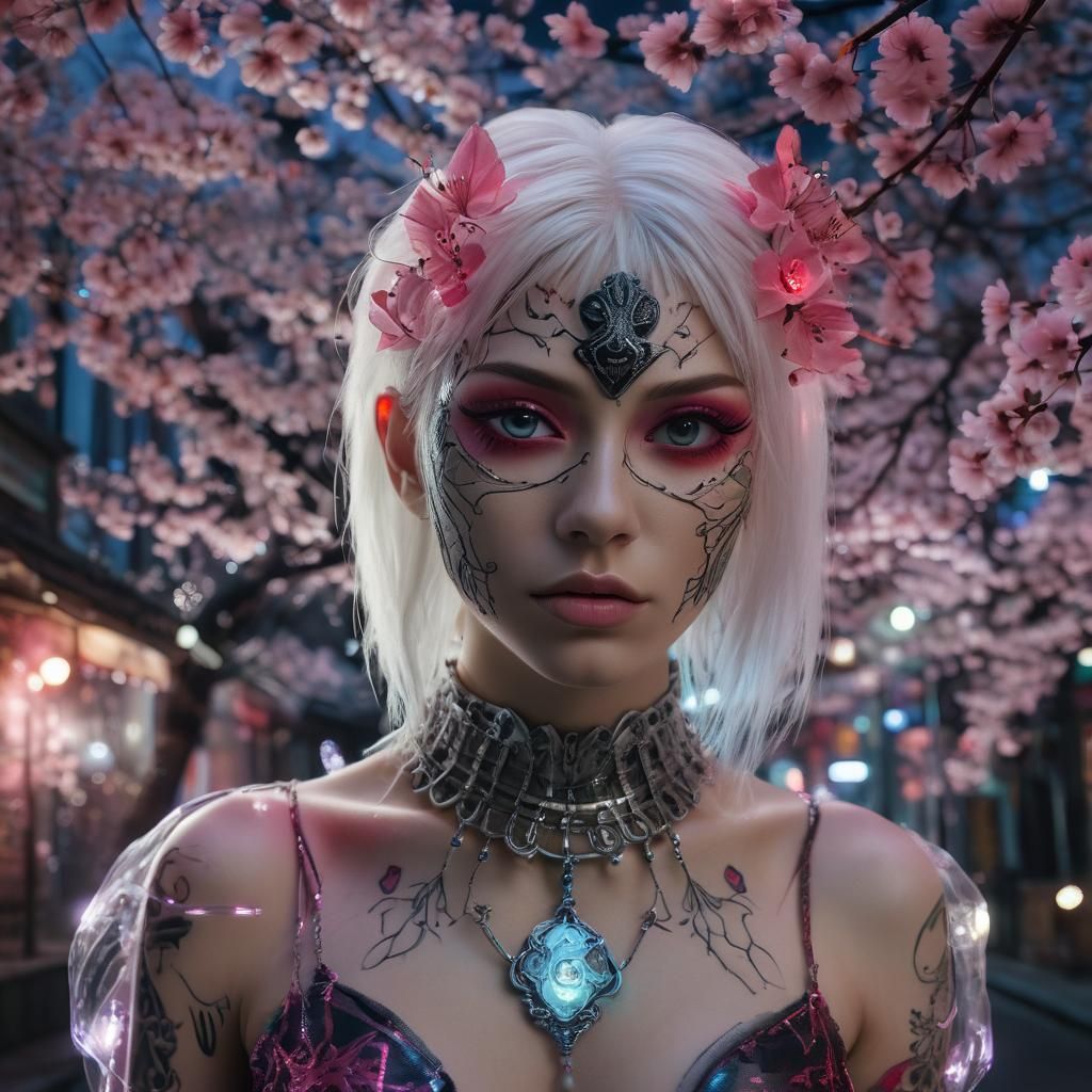 Surreal Changeling Woman in Haunted Cherry Blossom Street