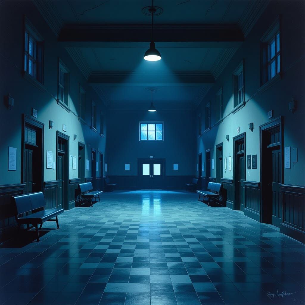 Eerie Deserted School Hallways in Mystical Style