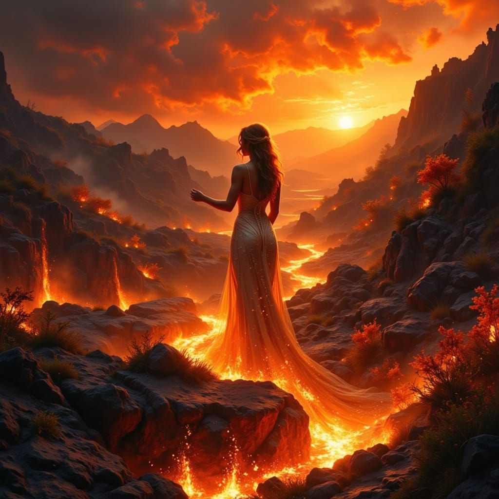 Ethereal Woman in Volcanic Landscape