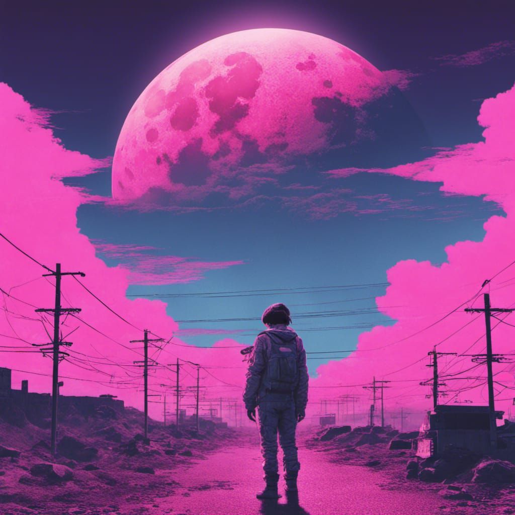 Vaporwave Post-Apocalyptic Scene Under Full Moon