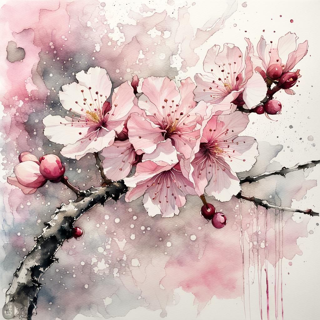 Mystical Cherry Blossom Silk Painting with Silver Accents