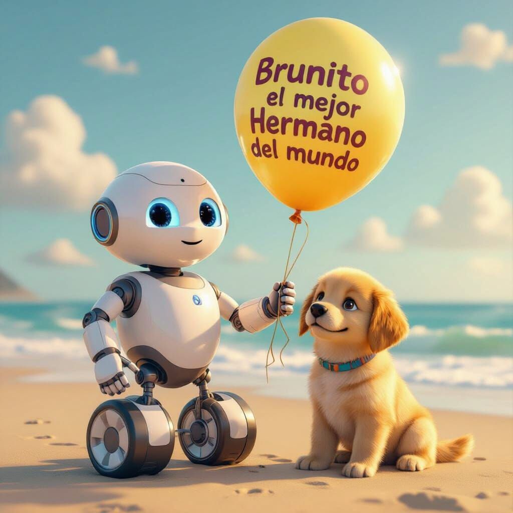 Robot with Balloon on Beach with Puppy, Animated 3D Style