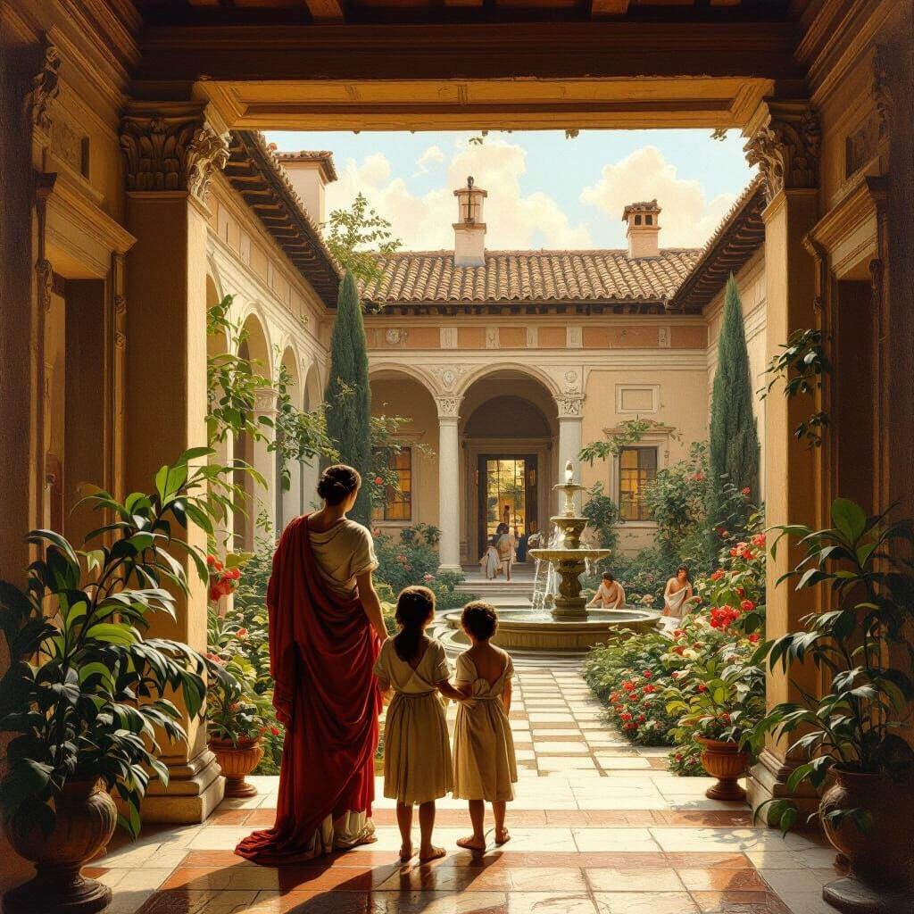Roman Family in Domus: Classical Architectural Scene