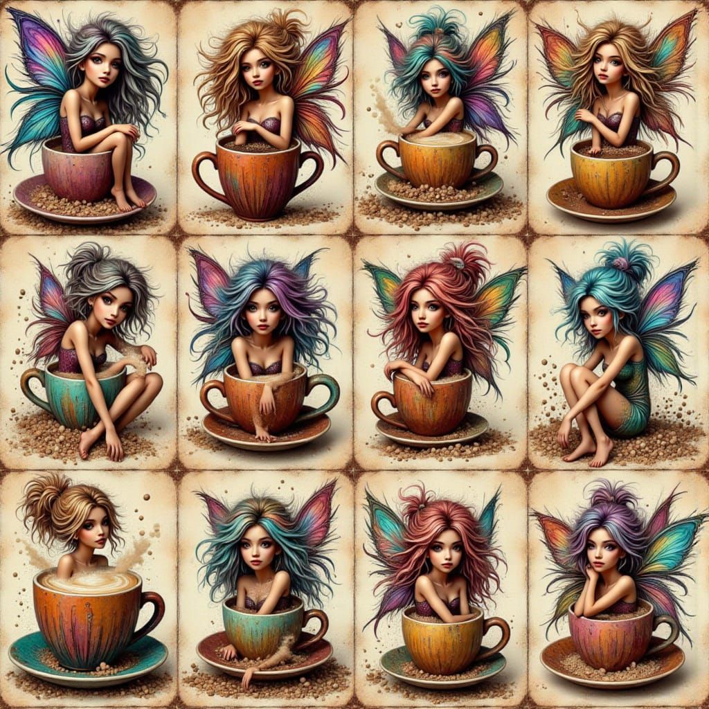 Nine Rainbow Coffee Faeries in Mixed Media Collage