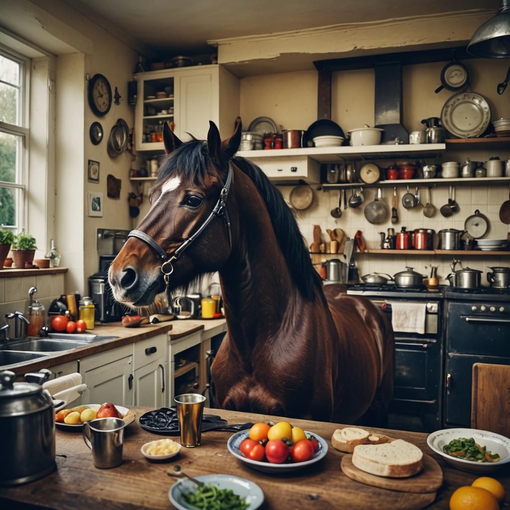 Maximus the Horse inside the kitchen