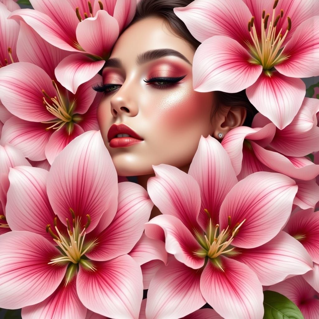 Pink Lily Woman: Watercolor Art Nouveau Portrait