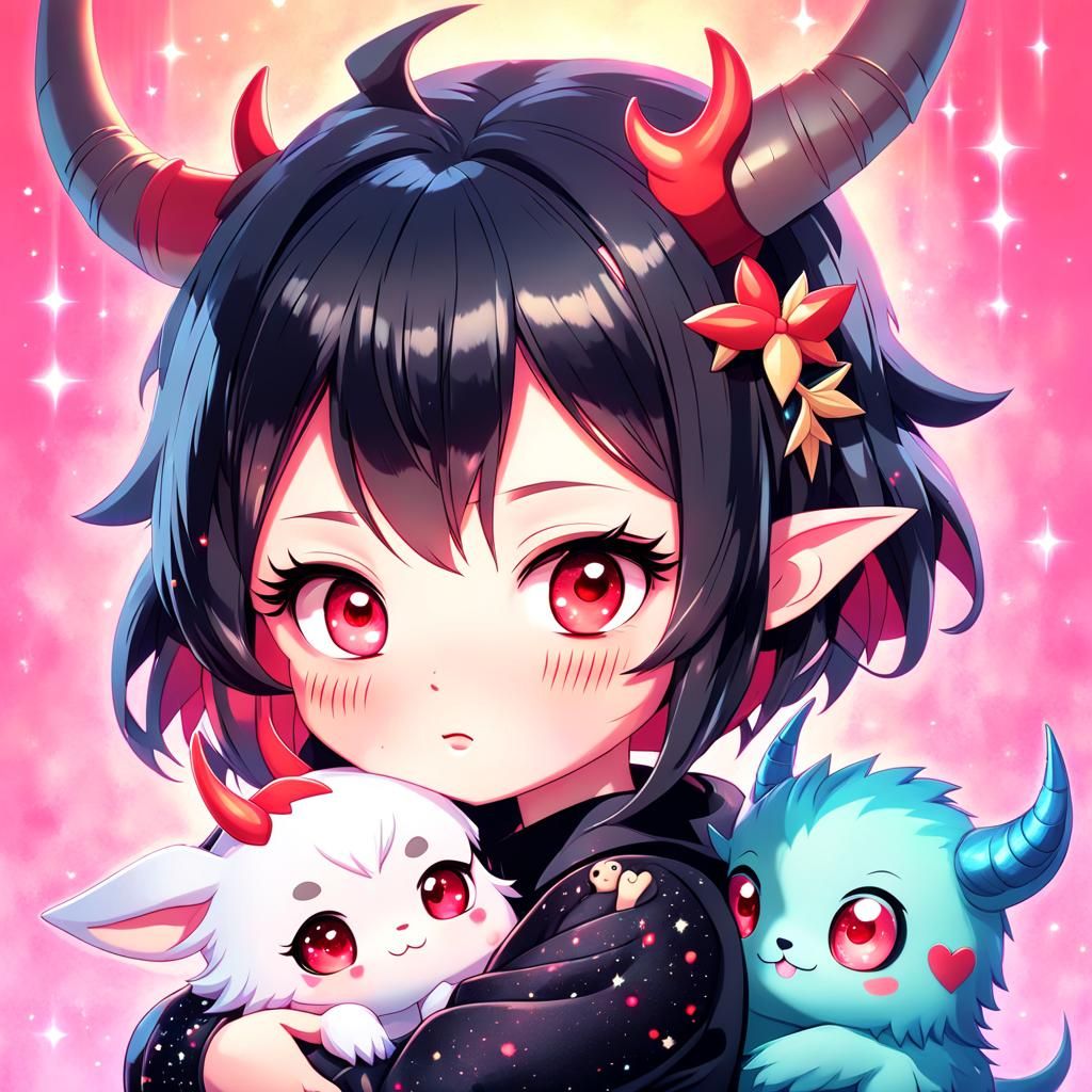 Chibi Anime Woman Hugging Cute Monster