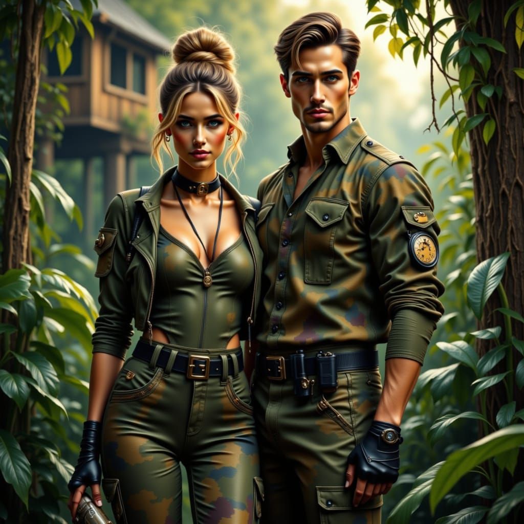 Couple in Camo Gear Amidst Lush Jungle, Cinematic Style