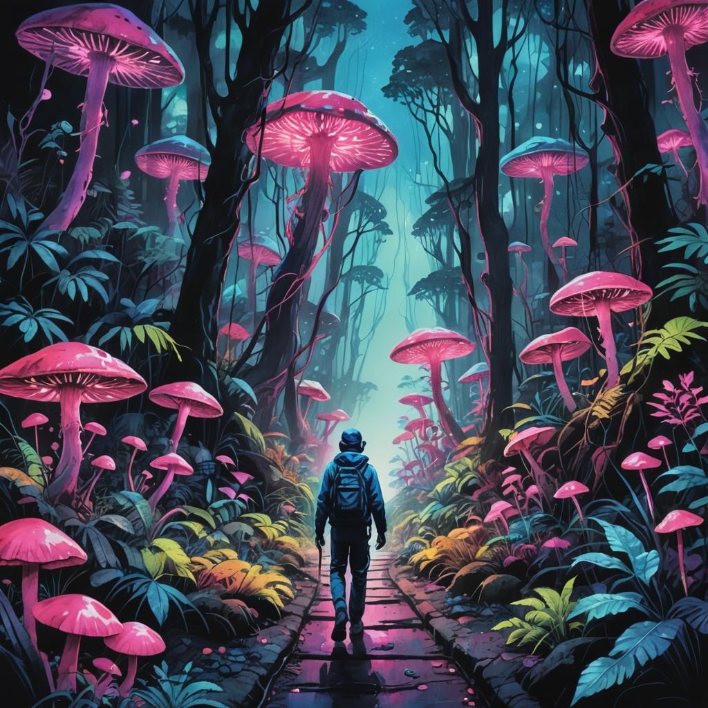 Radioactive Rainforest: Watercolor Painting in Synthwave Sty...