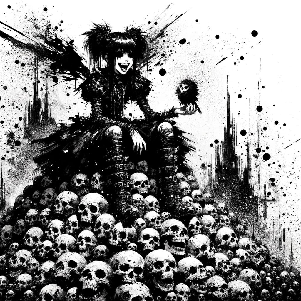 Goth Girl's Whimsical Chat with Skull in Ink Art