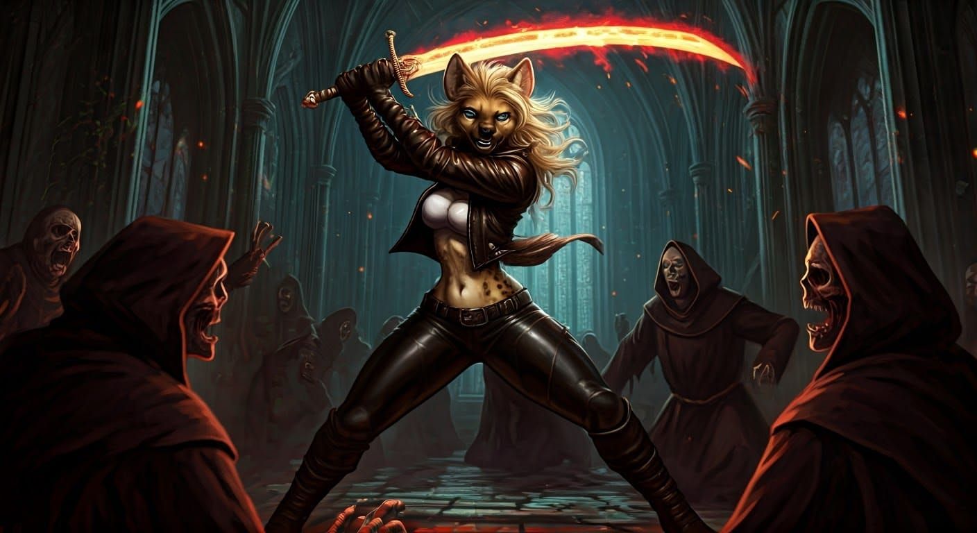 Lithe Female Warrior Cuts Down Ghouls in Dark Monastery