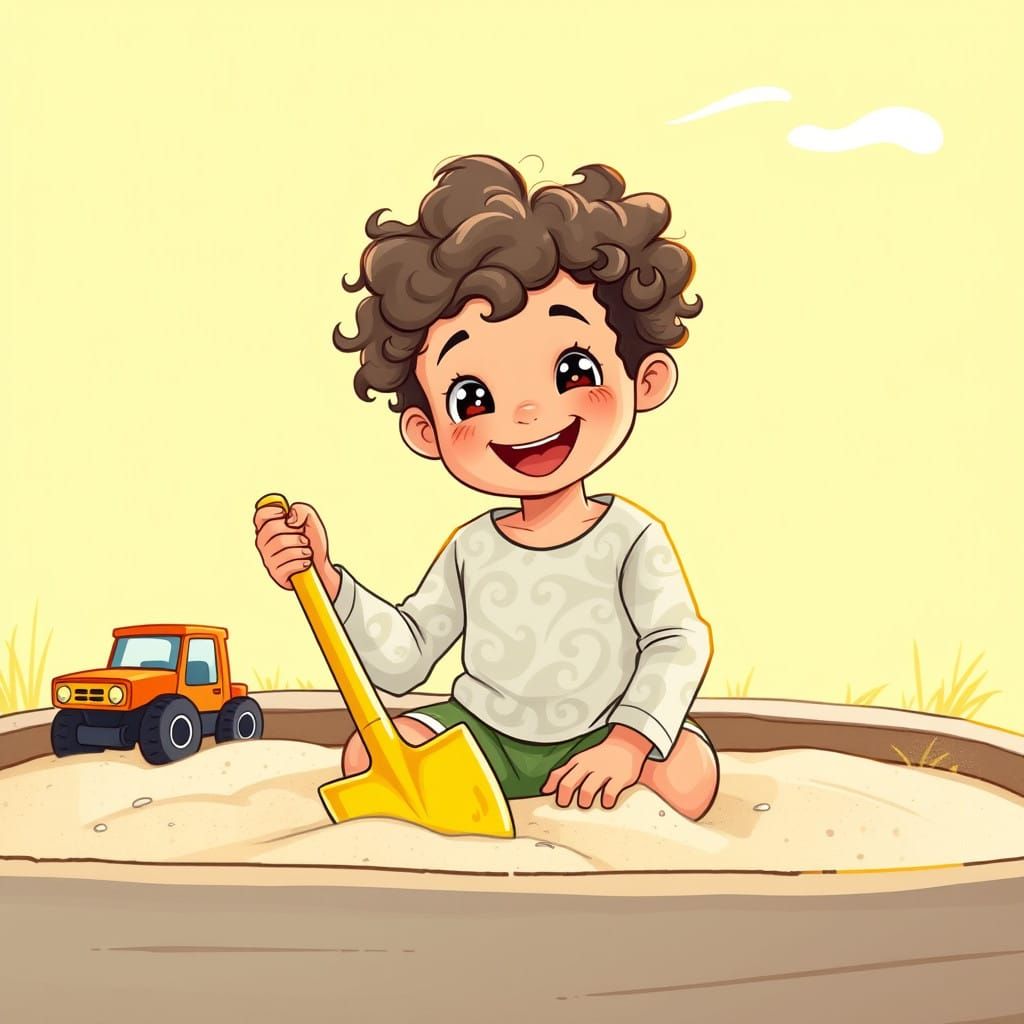 Joyful Boy Plays in Sunlit Sandbox with Vibrant Yellow Shove...
