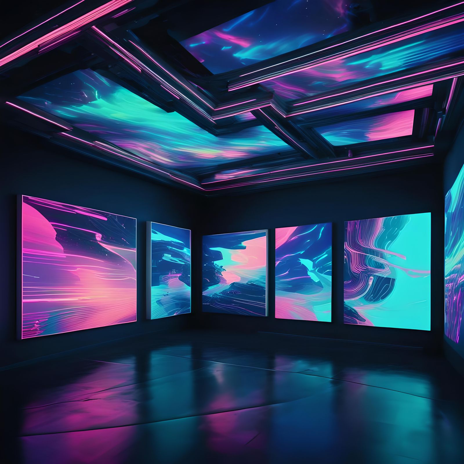 Digital Glitch Art in a Synthwave Gallery