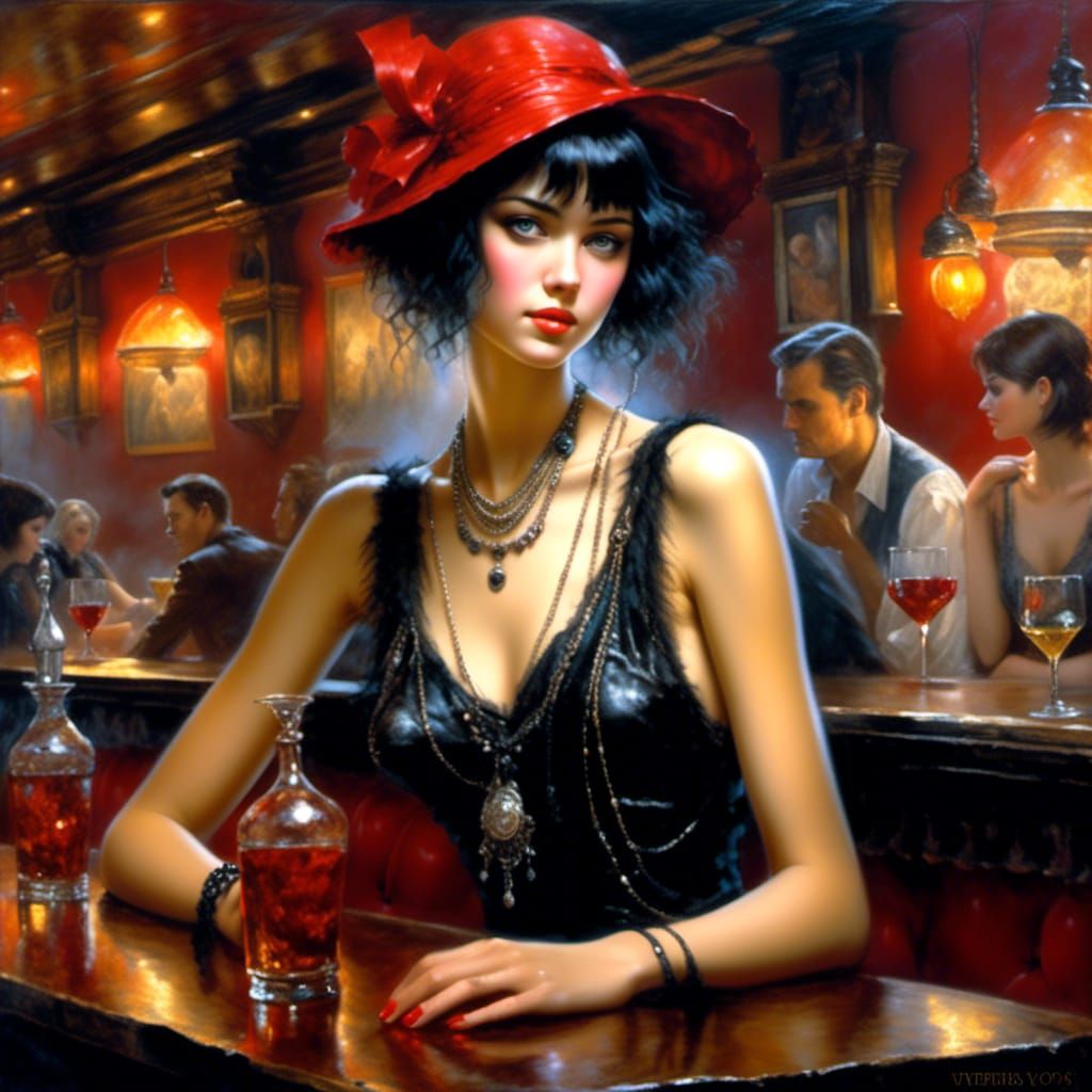 1920s Woman in Bar, Realistic Oil Painting Style