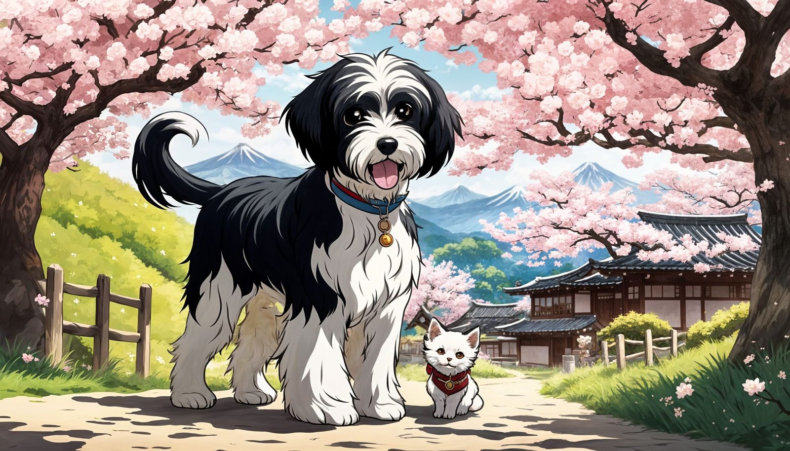 Tibetan terrier with a small kitten