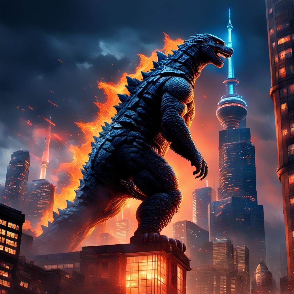 Godzilla Climbs CN Tower: Realistic Concept Art