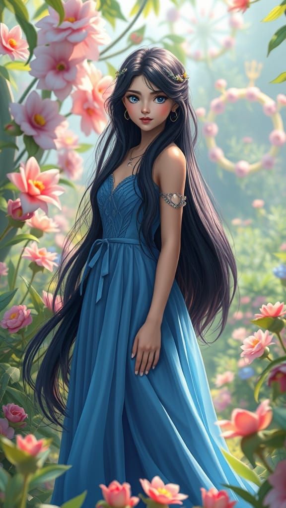 Woman in Surreal Garden: Stylized Realism and Fantasy
